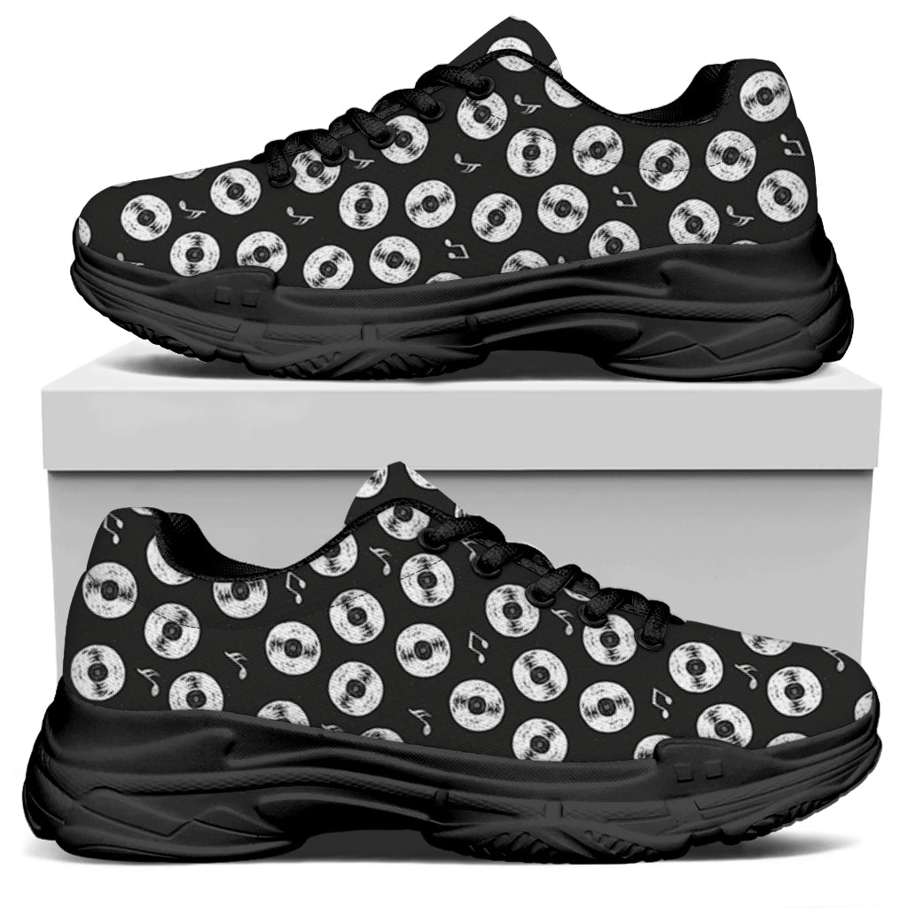 Hand Drawn Vinyl Record Pattern Print Black Chunky Shoes