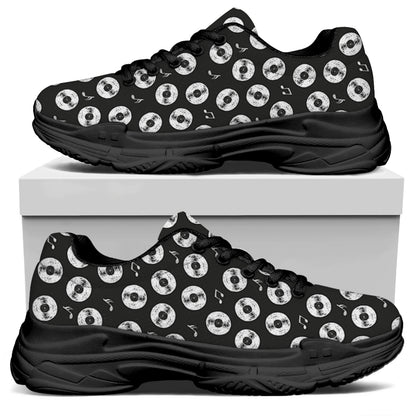 Hand Drawn Vinyl Record Pattern Print Black Chunky Shoes