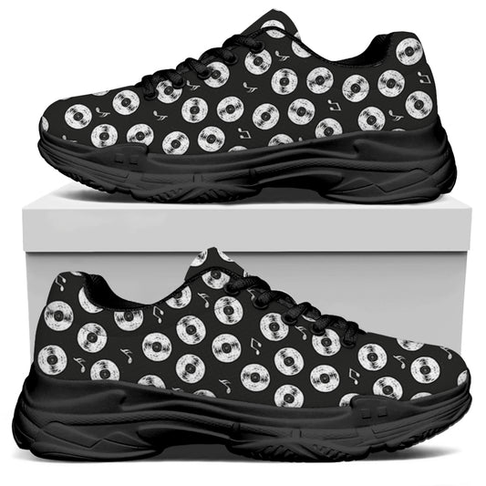 Hand Drawn Vinyl Record Pattern Print Black Chunky Shoes