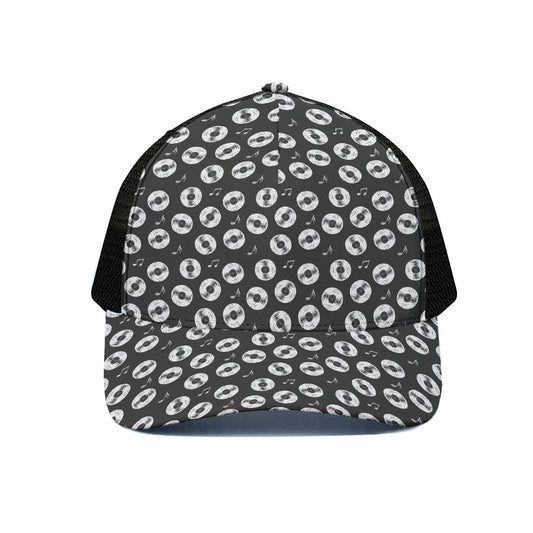 Hand Drawn Vinyl Record Pattern Print Black Mesh Trucker Cap