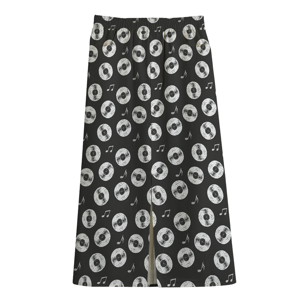 Hand Drawn Vinyl Record Pattern Print Cotton Front Slit Maxi Skirt
