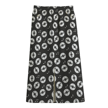 Hand Drawn Vinyl Record Pattern Print Cotton Front Slit Maxi Skirt