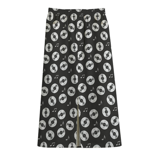 Hand Drawn Vinyl Record Pattern Print Cotton Front Slit Maxi Skirt