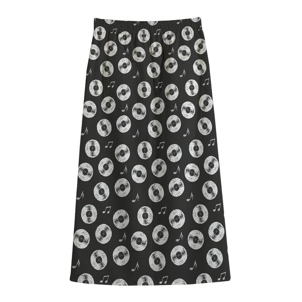 Hand Drawn Vinyl Record Pattern Print Cotton Front Slit Maxi Skirt