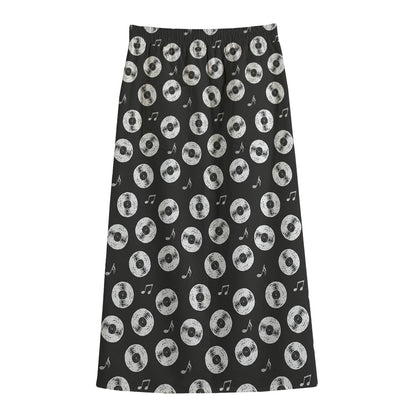 Hand Drawn Vinyl Record Pattern Print Cotton Front Slit Maxi Skirt
