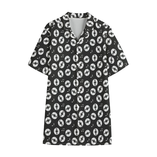 Hand Drawn Vinyl Record Pattern Print Cotton Hawaiian Shirt