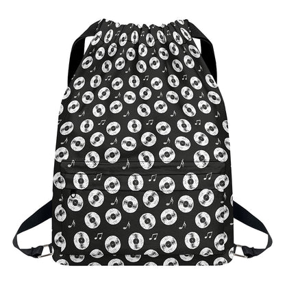 Hand Drawn Vinyl Record Pattern Print Drawstring Backpack