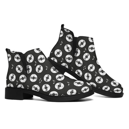 Hand Drawn Vinyl Record Pattern Print Flat Ankle Boots