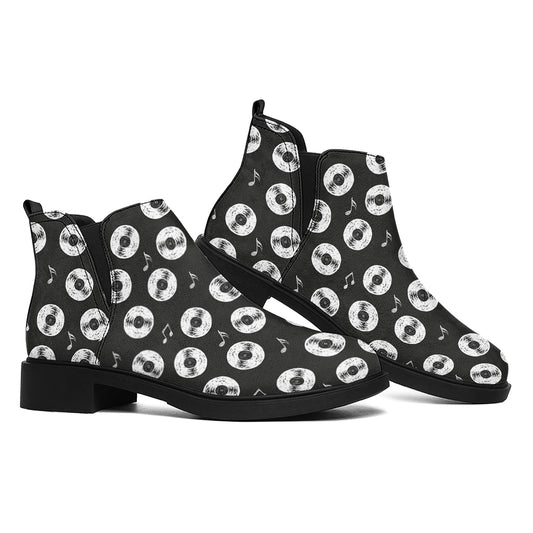 Hand Drawn Vinyl Record Pattern Print Flat Ankle Boots
