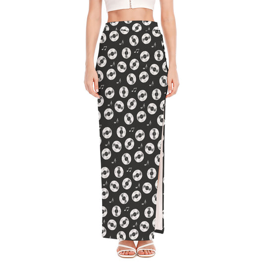 Hand Drawn Vinyl Record Pattern Print High Slit Maxi Skirt