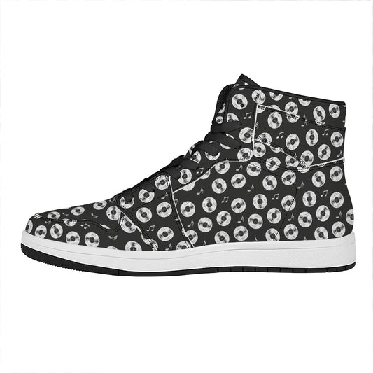 Hand Drawn Vinyl Record Pattern Print High Top Leather Sneakers