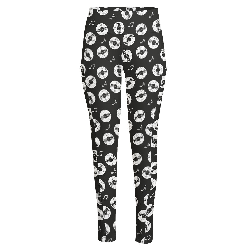 Hand Drawn Vinyl Record Pattern Print High-Waisted Pocket Leggings