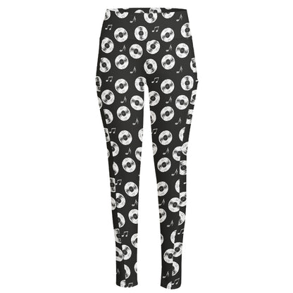 Hand Drawn Vinyl Record Pattern Print High-Waisted Pocket Leggings