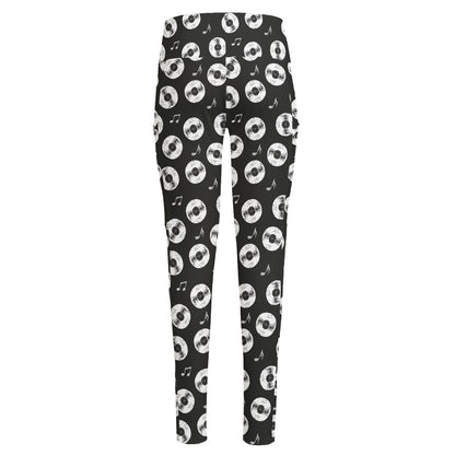 Hand Drawn Vinyl Record Pattern Print High-Waisted Pocket Leggings