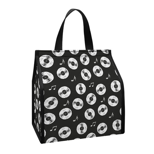 Hand Drawn Vinyl Record Pattern Print Insulated Lunch Tote