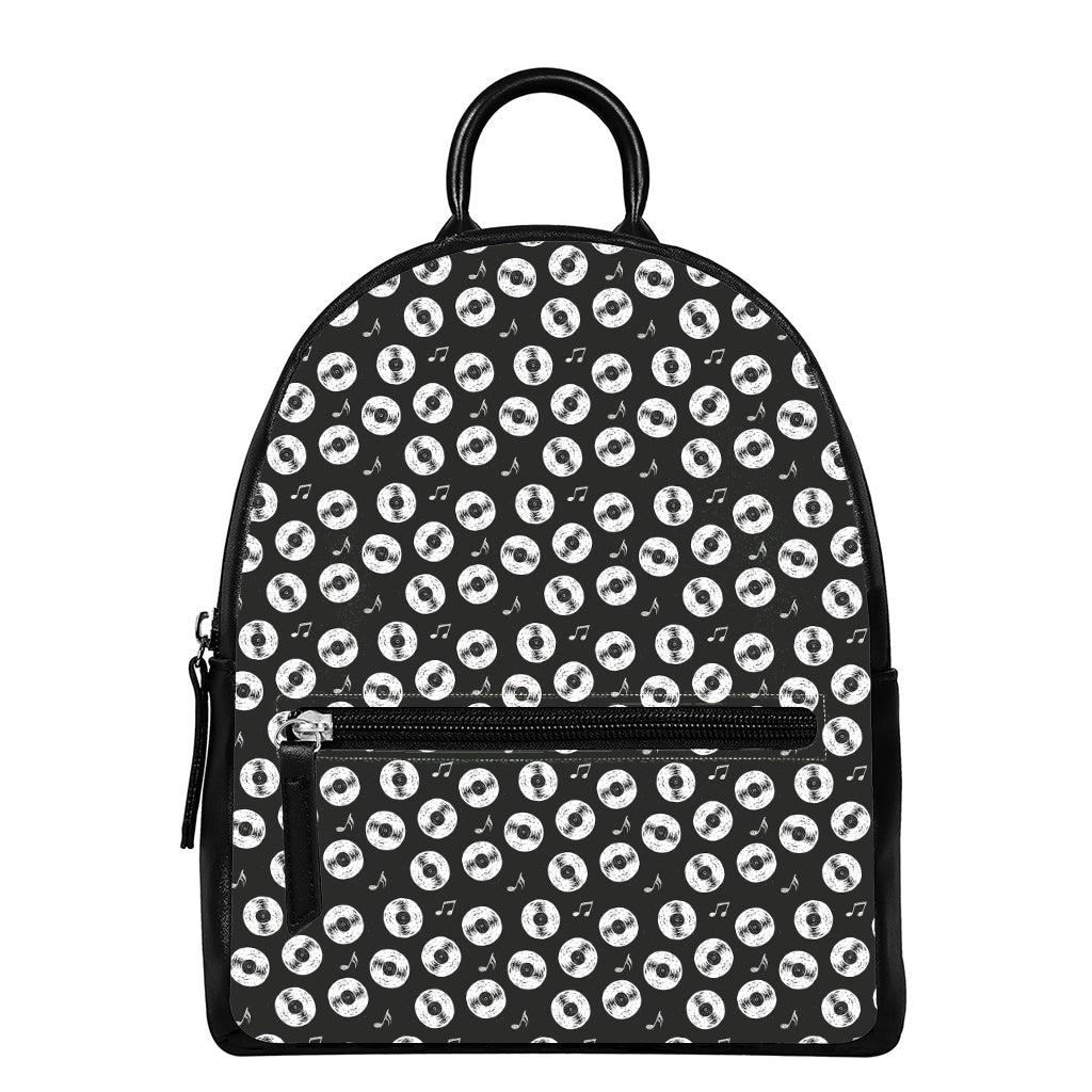 Hand Drawn Vinyl Record Pattern Print Leather Backpack