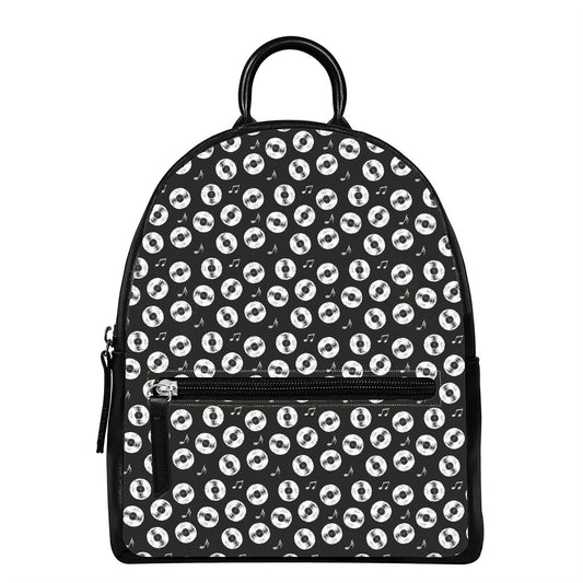 Hand Drawn Vinyl Record Pattern Print Leather Backpack