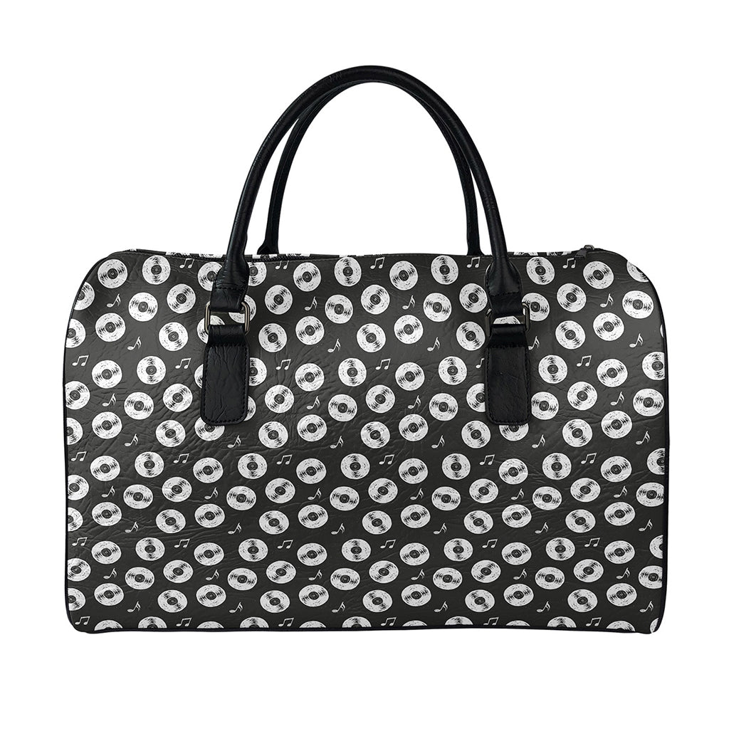 Hand Drawn Vinyl Record Pattern Print Leather Duffle Bag