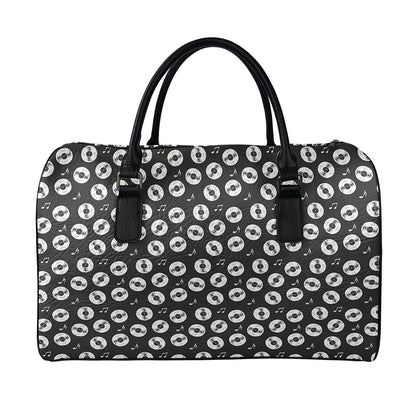 Hand Drawn Vinyl Record Pattern Print Leather Duffle Bag