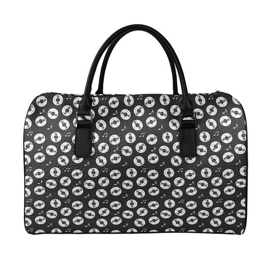 Hand Drawn Vinyl Record Pattern Print Leather Duffle Bag