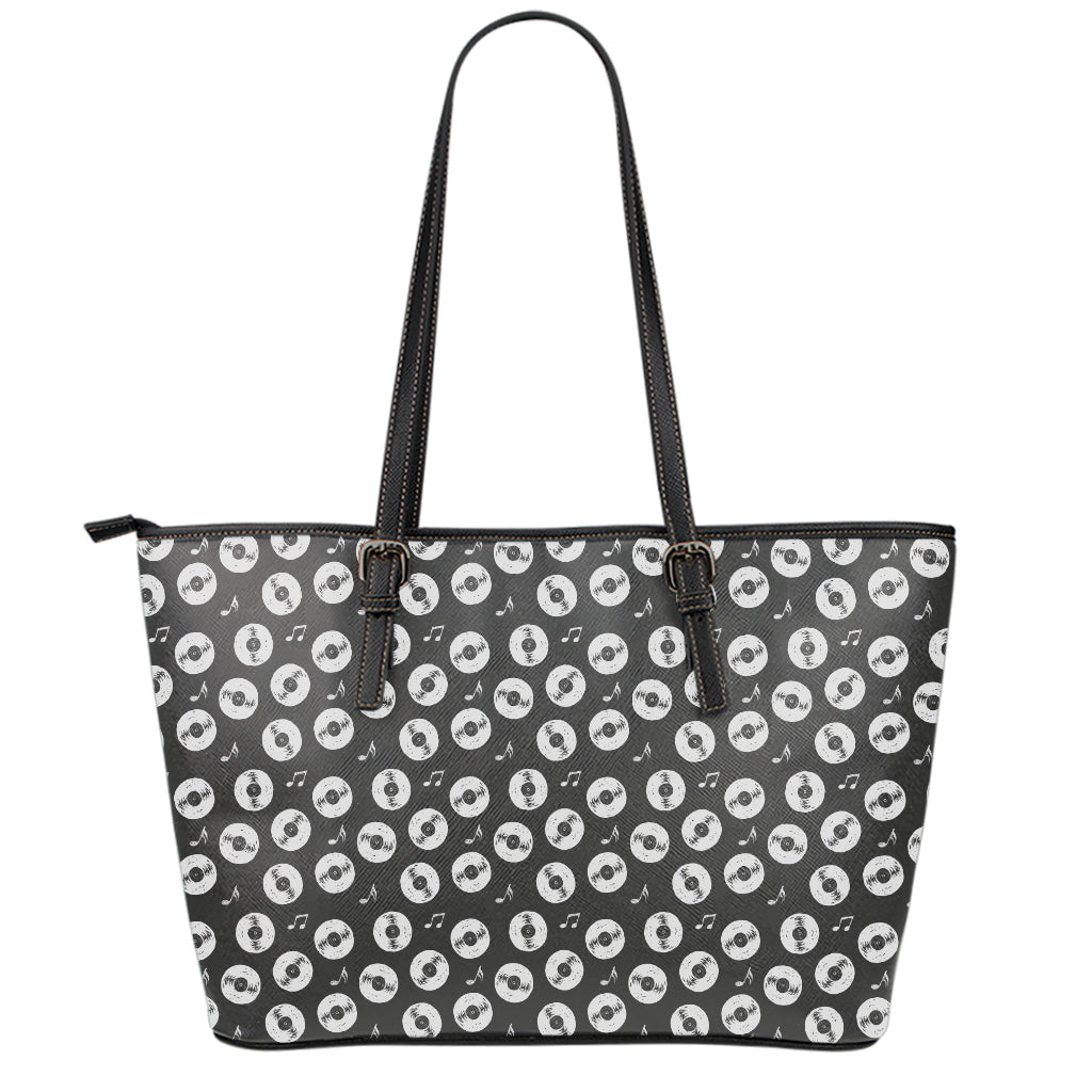 Hand Drawn Vinyl Record Pattern Print Leather Tote Bag