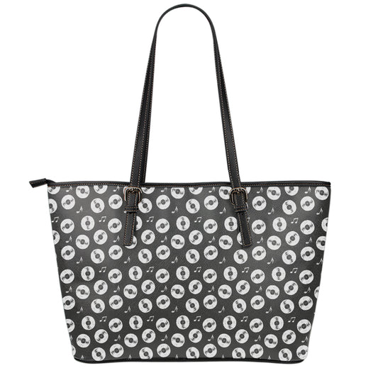 Hand Drawn Vinyl Record Pattern Print Leather Tote Bag