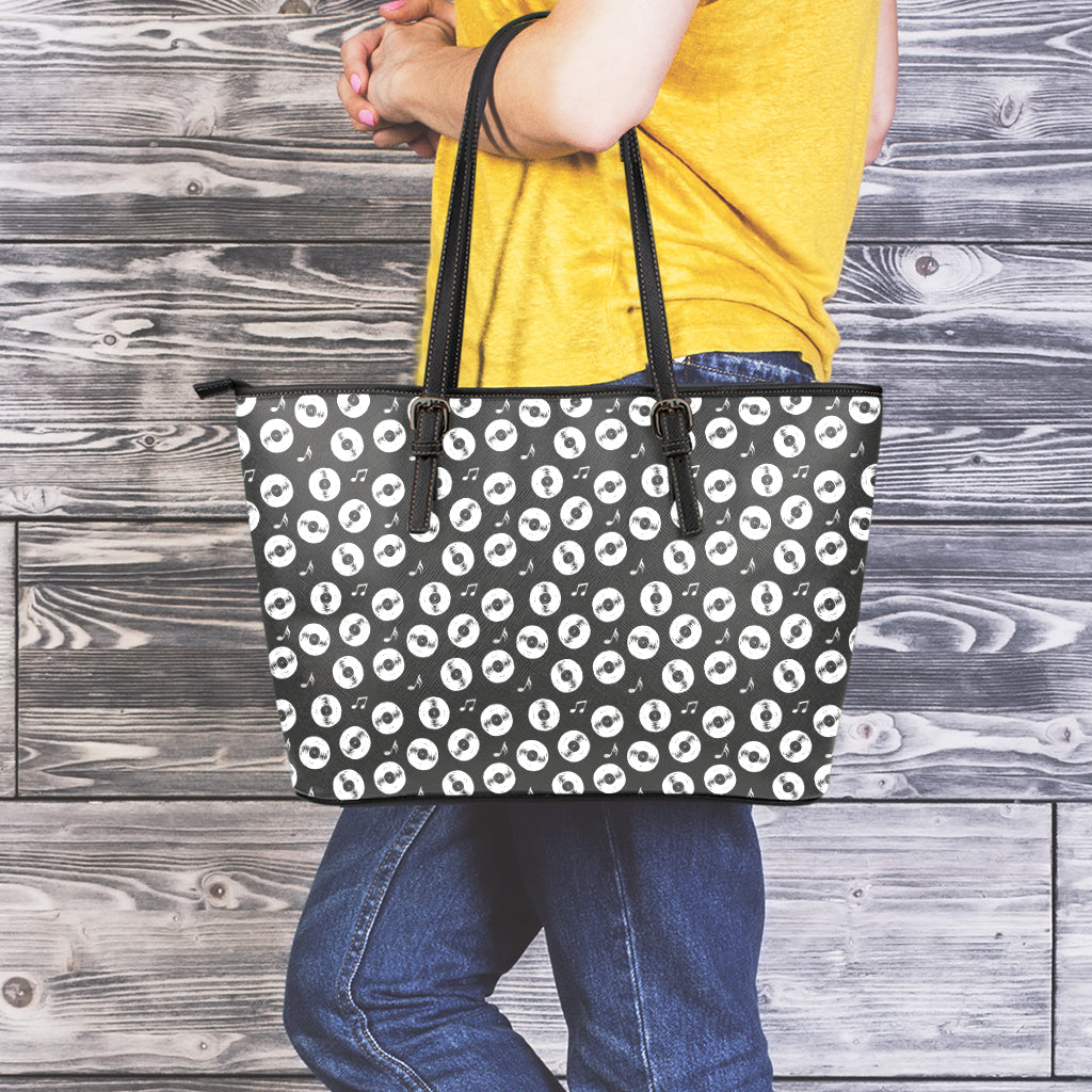 Hand Drawn Vinyl Record Pattern Print Leather Tote Bag