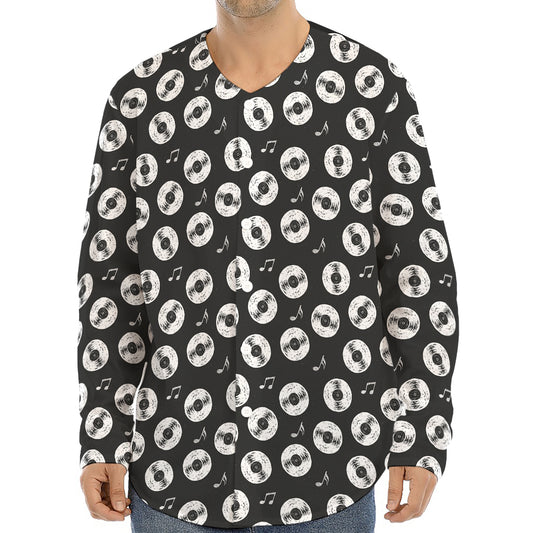 Hand Drawn Vinyl Record Pattern Print Long Sleeve Baseball Jersey