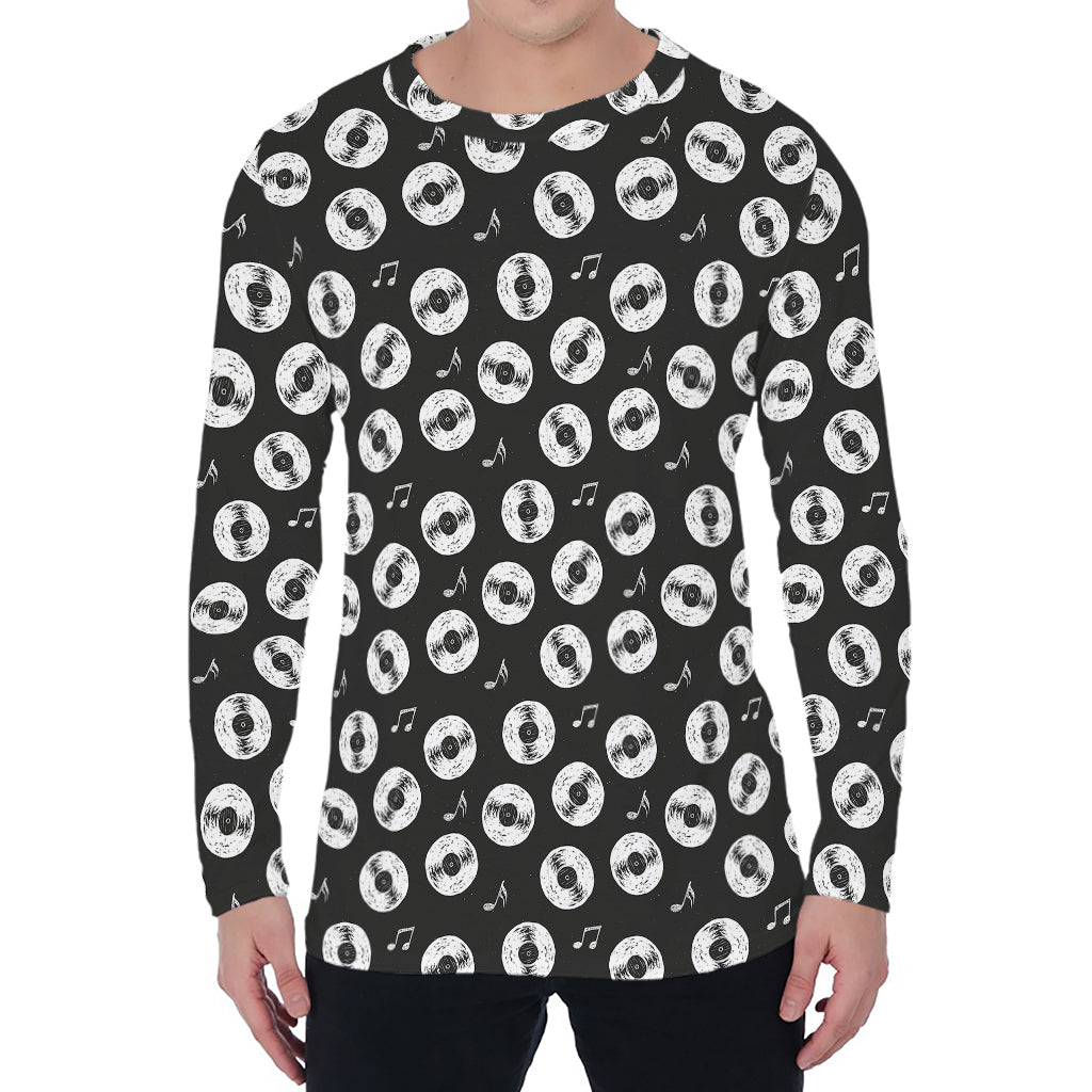 Hand Drawn Vinyl Record Pattern Print Men's Long Sleeve T-Shirt