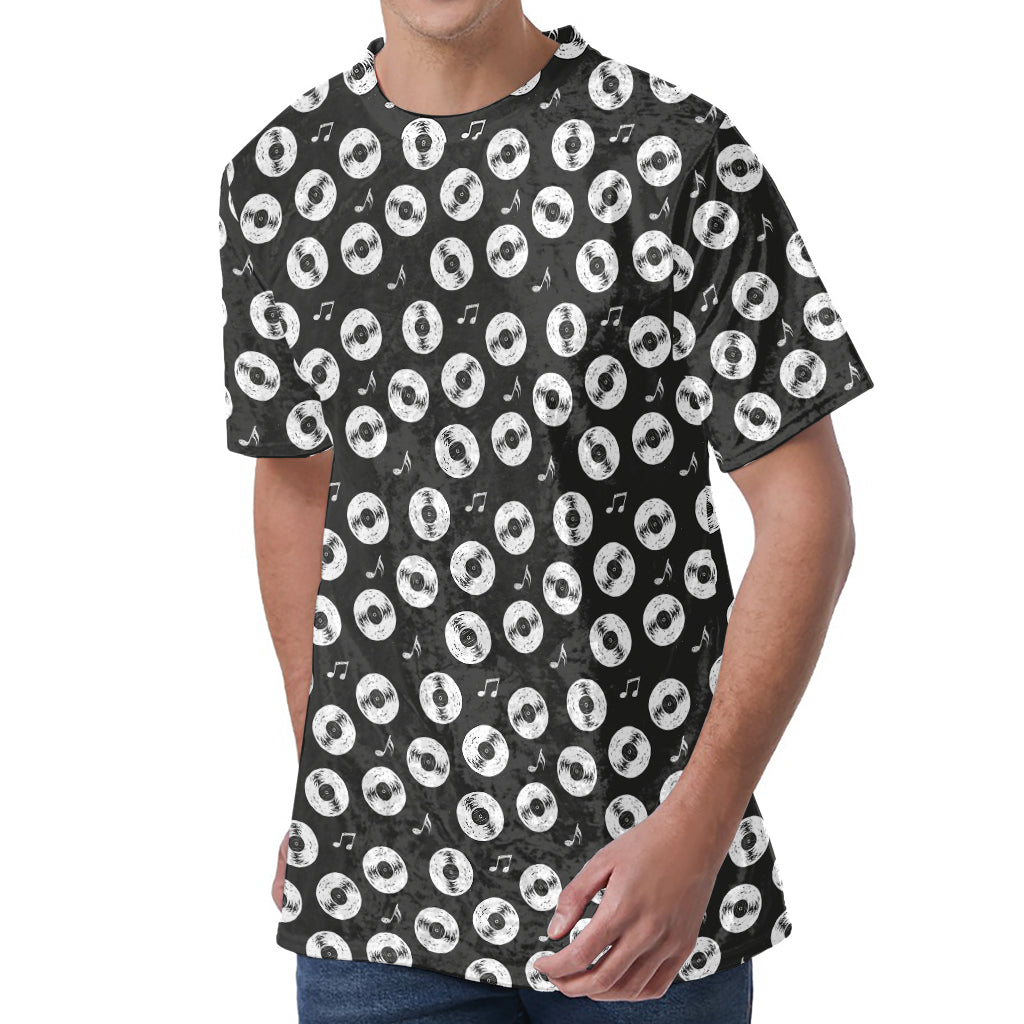 Hand Drawn Vinyl Record Pattern Print Men's Velvet T-Shirt