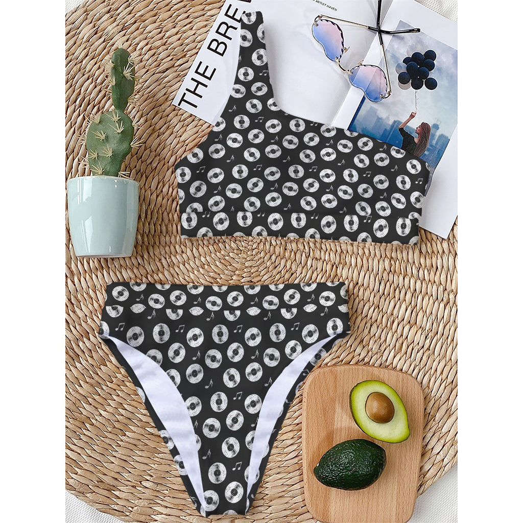 Hand Drawn Vinyl Record Pattern Print One Shoulder Bikini Top