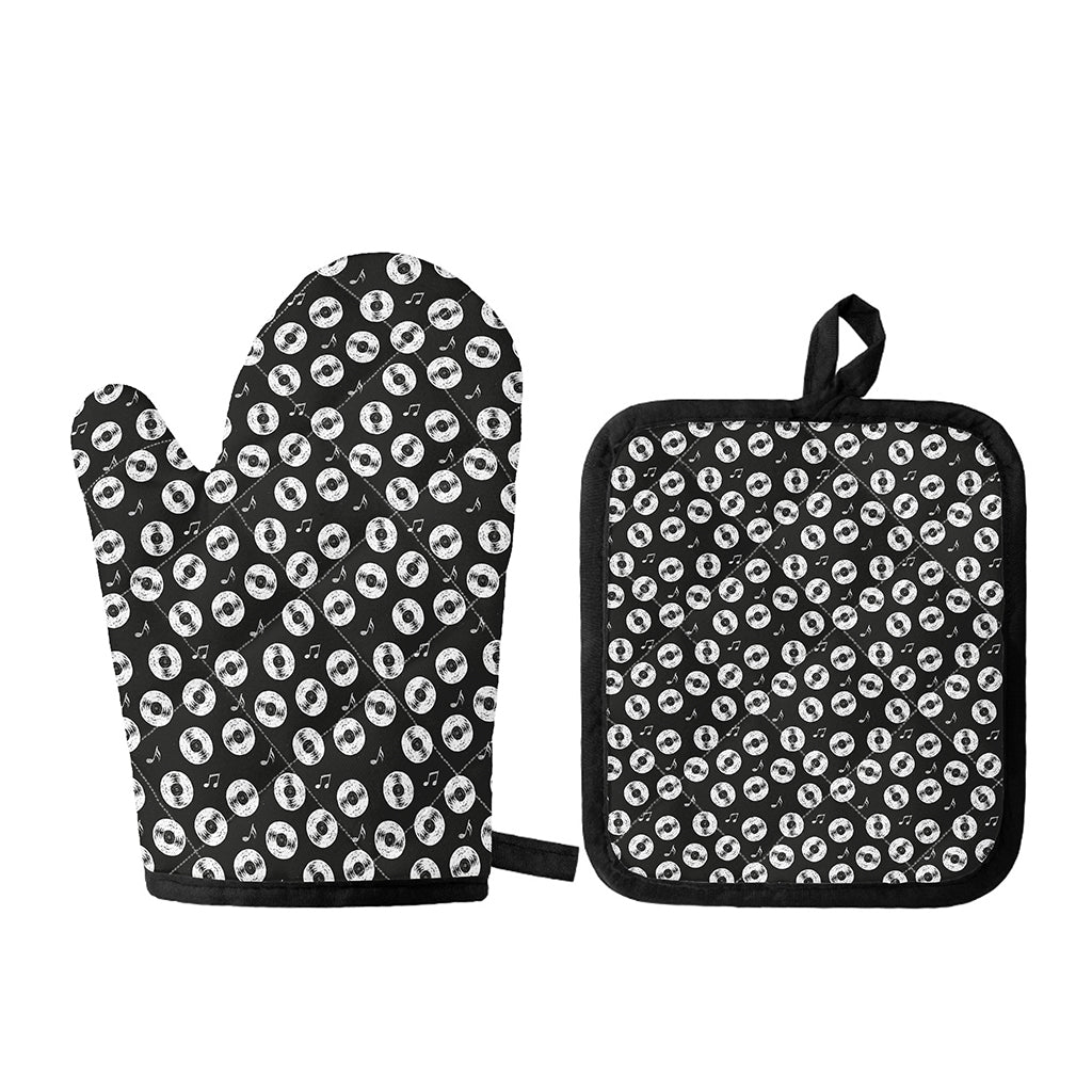 Hand Drawn Vinyl Record Pattern Print Oven Mitt And Pot Holder Set