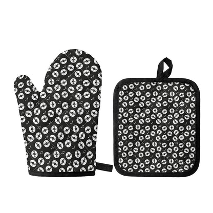 Hand Drawn Vinyl Record Pattern Print Oven Mitt And Pot Holder Set