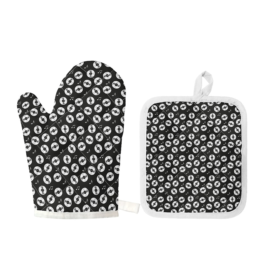 Hand Drawn Vinyl Record Pattern Print Oven Mitt And Pot Holder Set