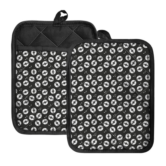 Hand Drawn Vinyl Record Pattern Print Pot Holders With Pocket