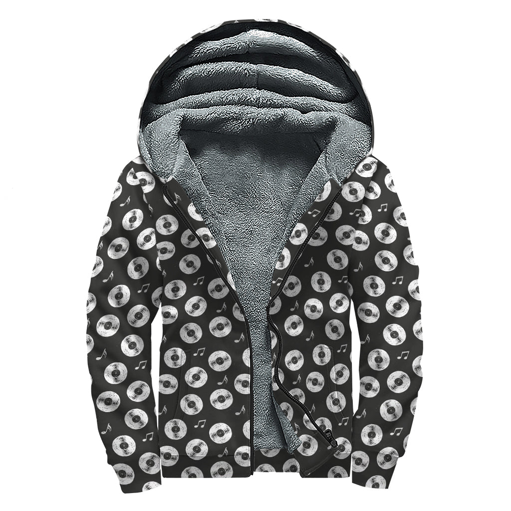 Hand Drawn Vinyl Record Pattern Print Sherpa Lined Zip Up Hoodie