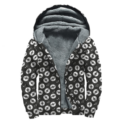 Hand Drawn Vinyl Record Pattern Print Sherpa Lined Zip Up Hoodie