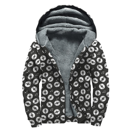 Hand Drawn Vinyl Record Pattern Print Sherpa Lined Zip Up Hoodie