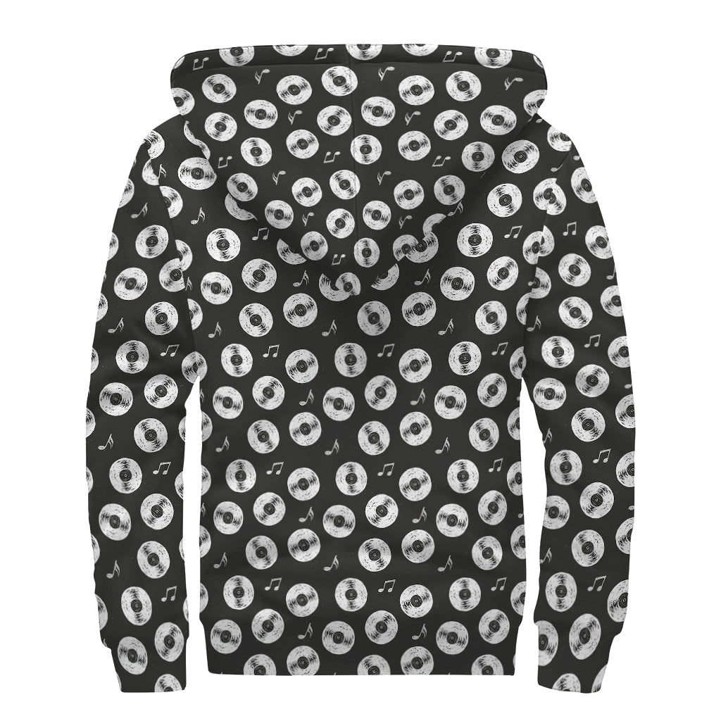 Hand Drawn Vinyl Record Pattern Print Sherpa Lined Zip Up Hoodie