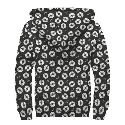 Hand Drawn Vinyl Record Pattern Print Sherpa Lined Zip Up Hoodie