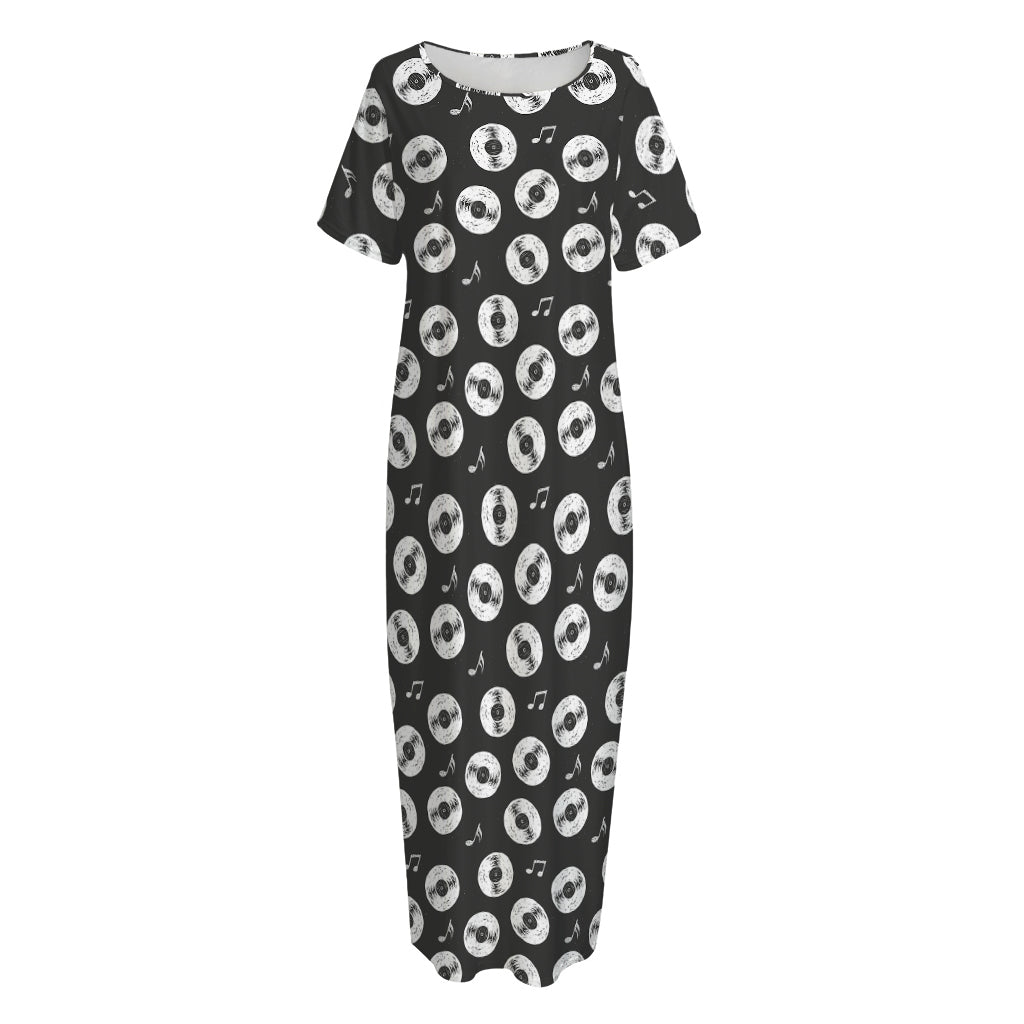 Hand Drawn Vinyl Record Pattern Print Short Sleeve Long Nightdress