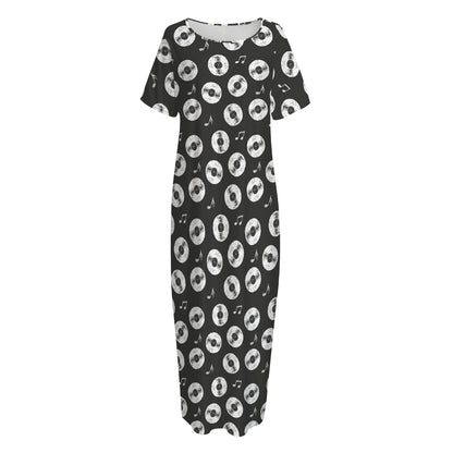 Hand Drawn Vinyl Record Pattern Print Short Sleeve Long Nightdress