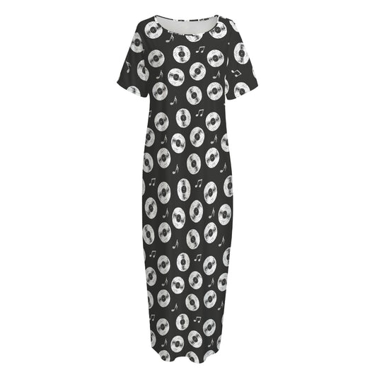 Hand Drawn Vinyl Record Pattern Print Short Sleeve Long Nightdress