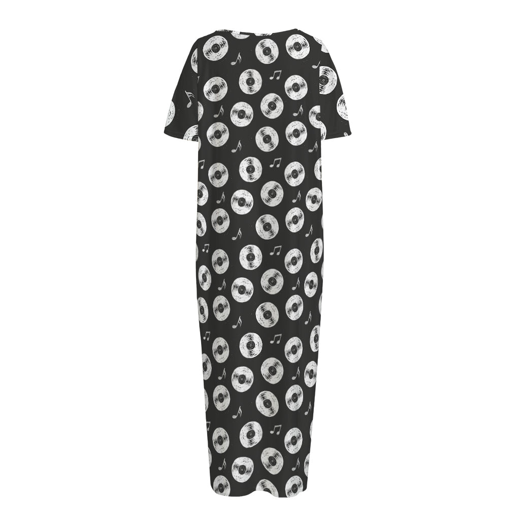 Hand Drawn Vinyl Record Pattern Print Short Sleeve Long Nightdress