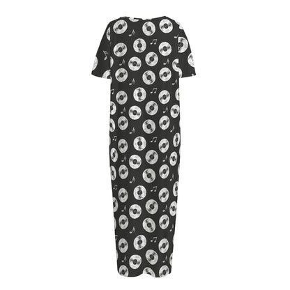 Hand Drawn Vinyl Record Pattern Print Short Sleeve Long Nightdress
