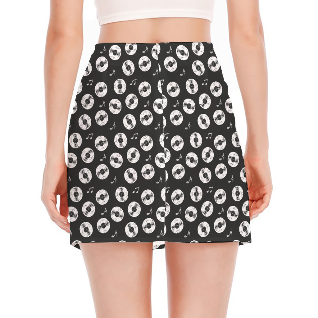 Hand Drawn Vinyl Record Pattern Print Side Slit Mini Skirt