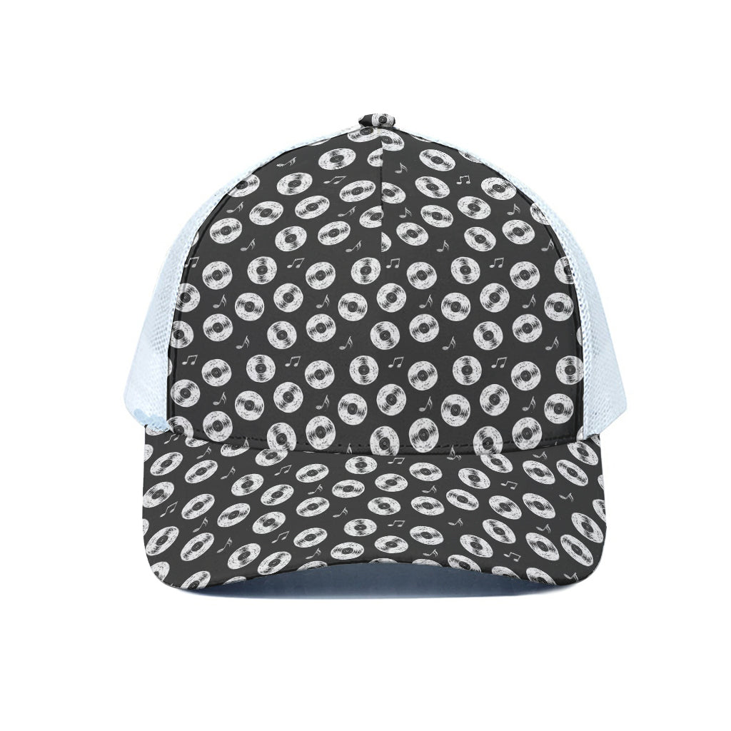 Hand Drawn Vinyl Record Pattern Print White Mesh Trucker Cap