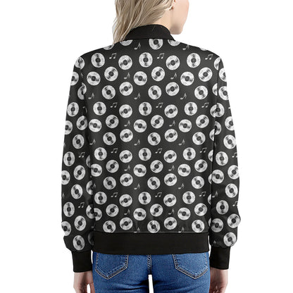 Hand Drawn Vinyl Record Pattern Print Women's Bomber Jacket