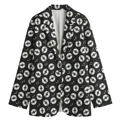 Hand Drawn Vinyl Record Pattern Print Women's Cotton Blazer