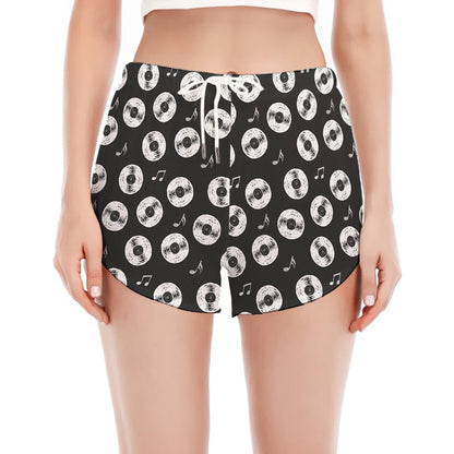 Hand Drawn Vinyl Record Pattern Print Women's Split Running Shorts